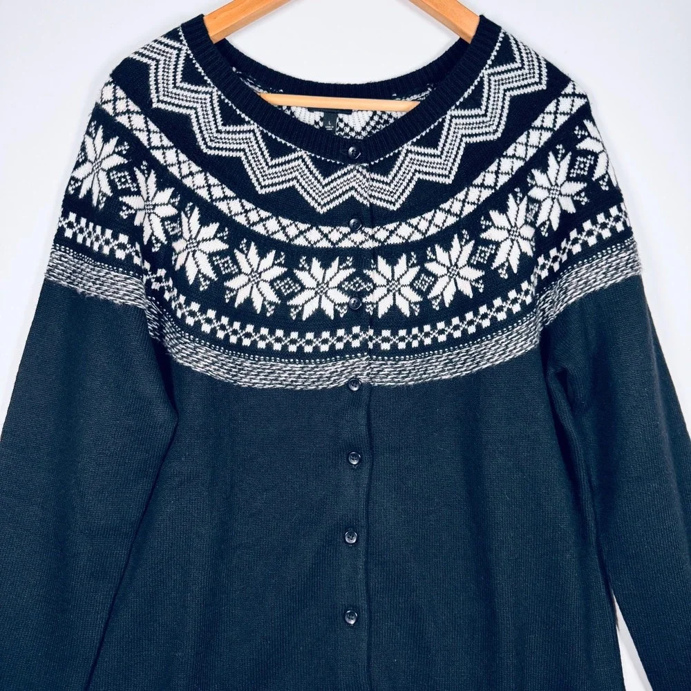 Talbots Cardigan Sweater Womens Large Black White Fair Isle Nordic Button Front‎